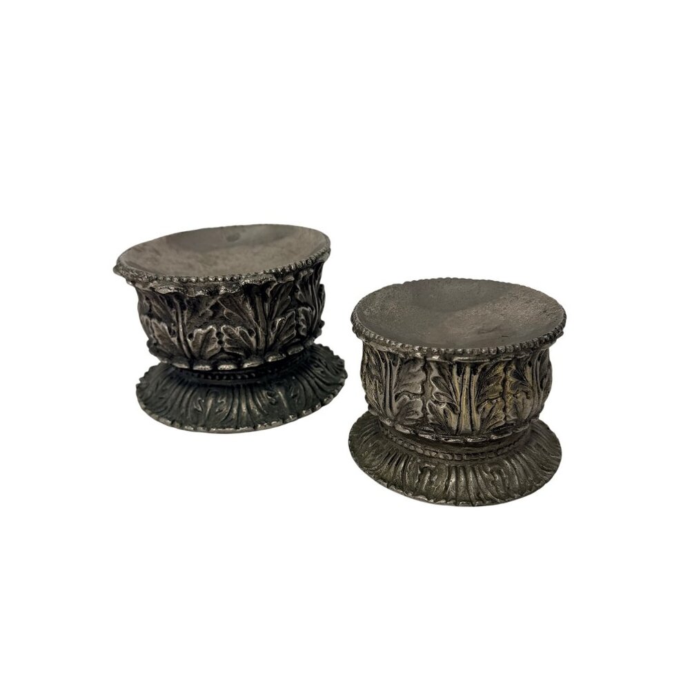 Vintage Ornate Metal Pillar Candle Holders Pair Graduated Silver Tone